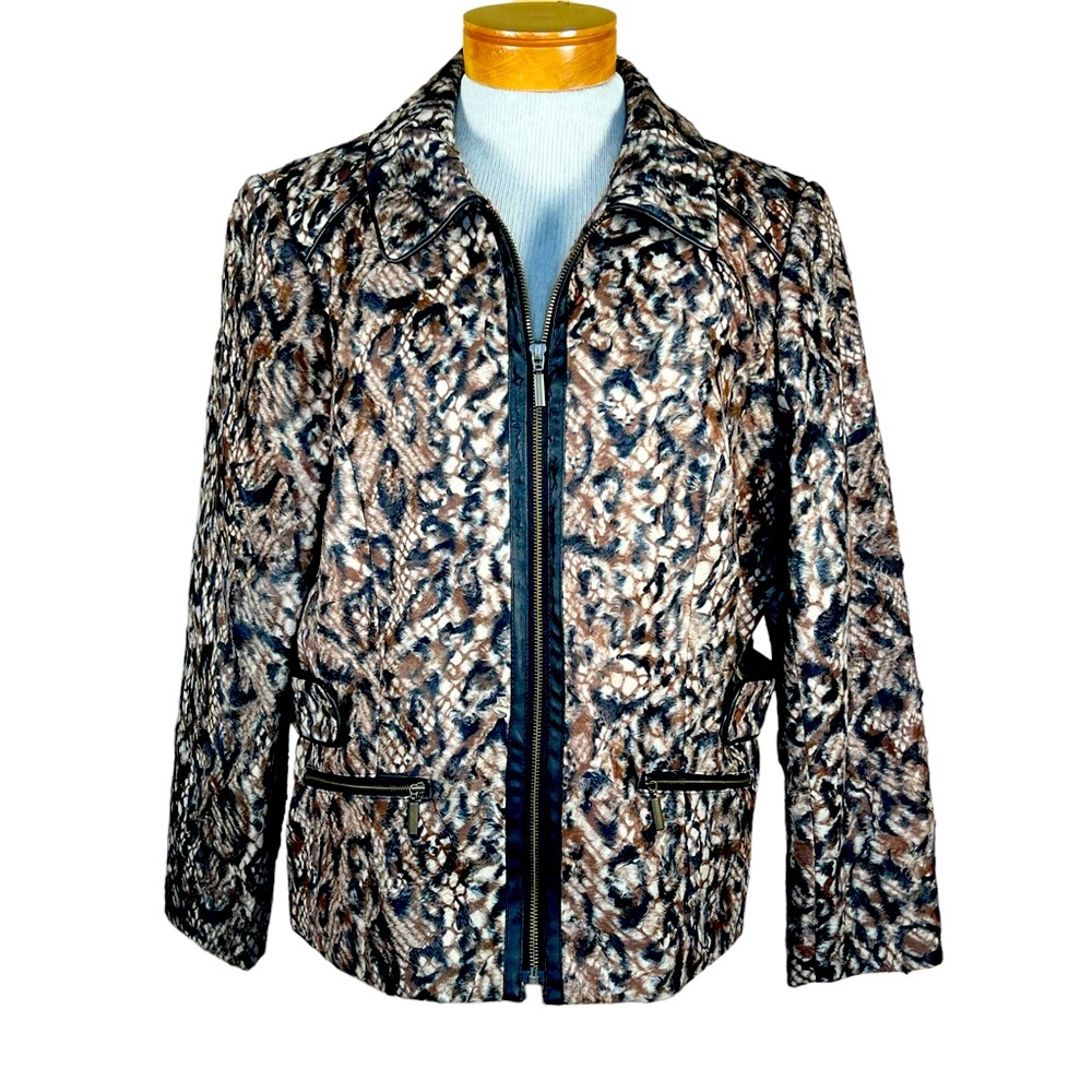 Chico’s Faux Animal Hair Leopard Print Jacket With Faux Leather Trim Size 2 = L